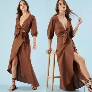 REFORMATION Linen‎ Puff Sleeve Plunge V-Neck Cutout Tie Front Wrap Maxi Dress XS
